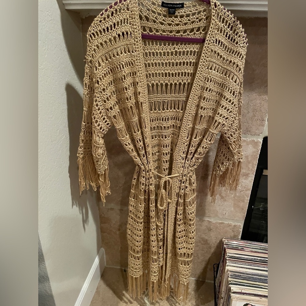 Boston Proper Gold Sparkly Fringe Sweater Cardigan Coachella boho Western S/M